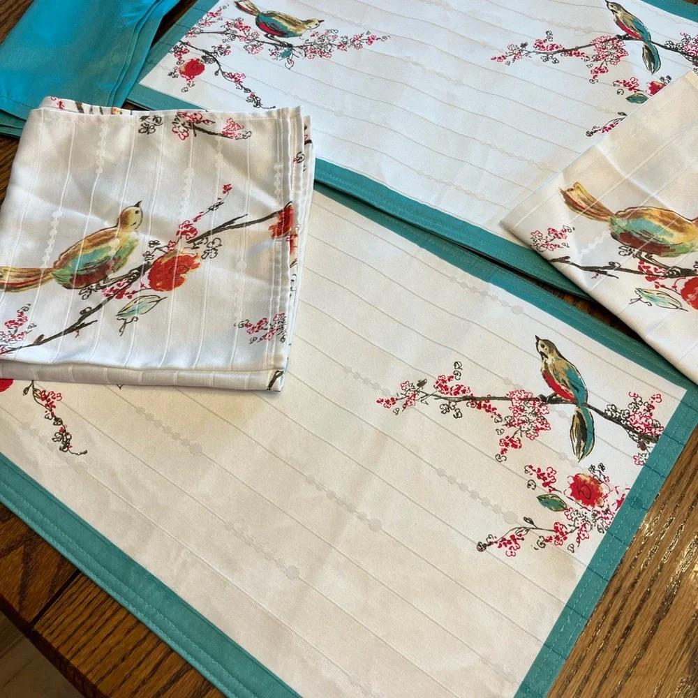 Lenox White Placemats and Napkins with Teal Trim and Multicolor Bird Motif
